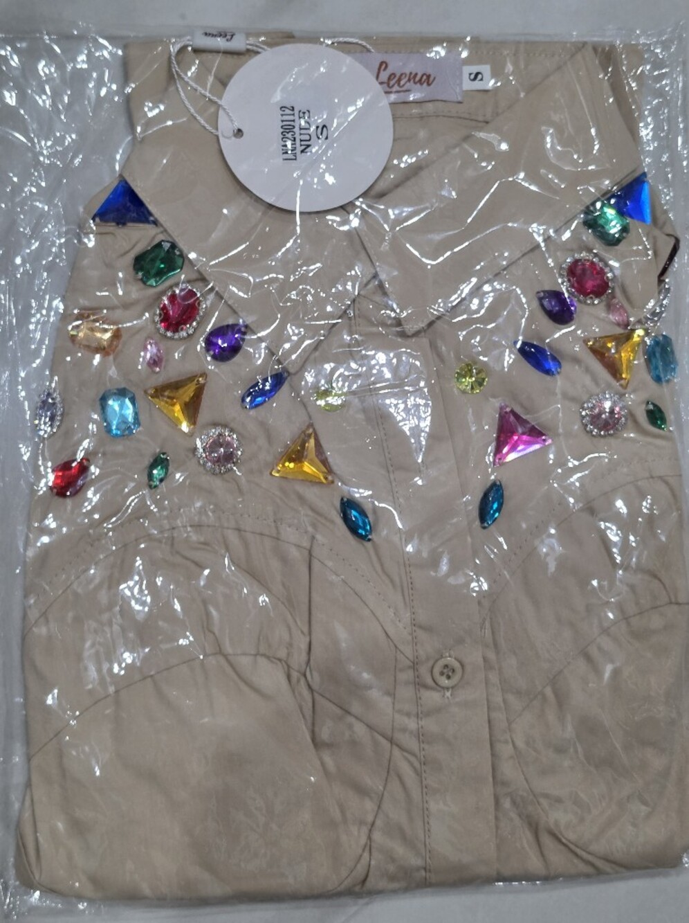 NWT Beige Embellished Button-Up Shirt with Multicolor Gem Accents